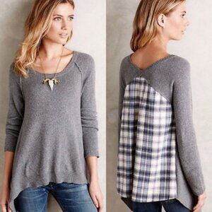 Anthropologie Moth Octubre‎ Cashmere Blend Grey Plaid Asymmetric Hem Sweater XS